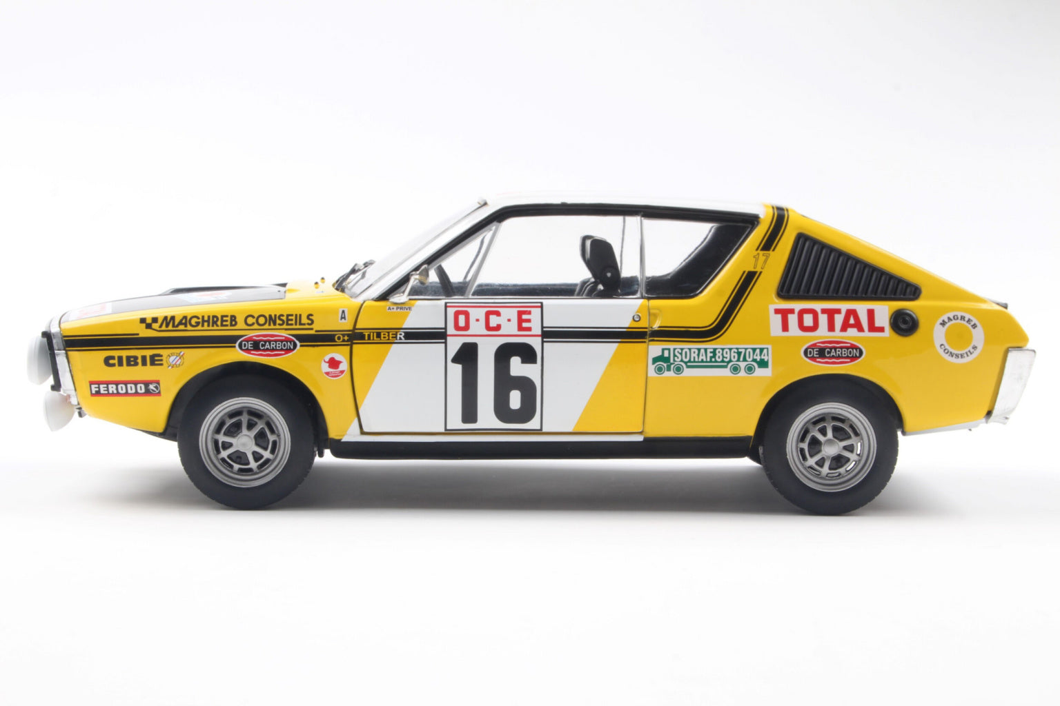 SOLIDO 1803709 MINIATURE RENAULT 17 PH.1 YELLOW N23 PRIVE/ TILBERT
RALLYE DU MAROC 1976 1/18