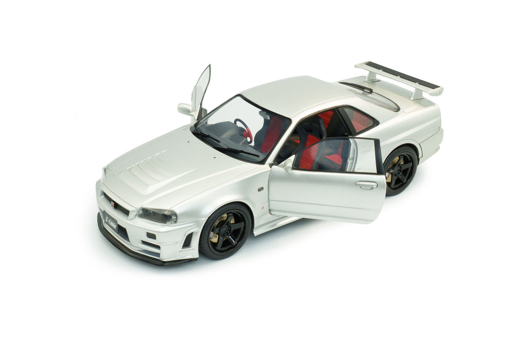 SOLIDO 1804312 MINIATURE NISSAN SKYLINE GT-R (BNR34) WITH NISMO PARTS SILVER 1999 1/18