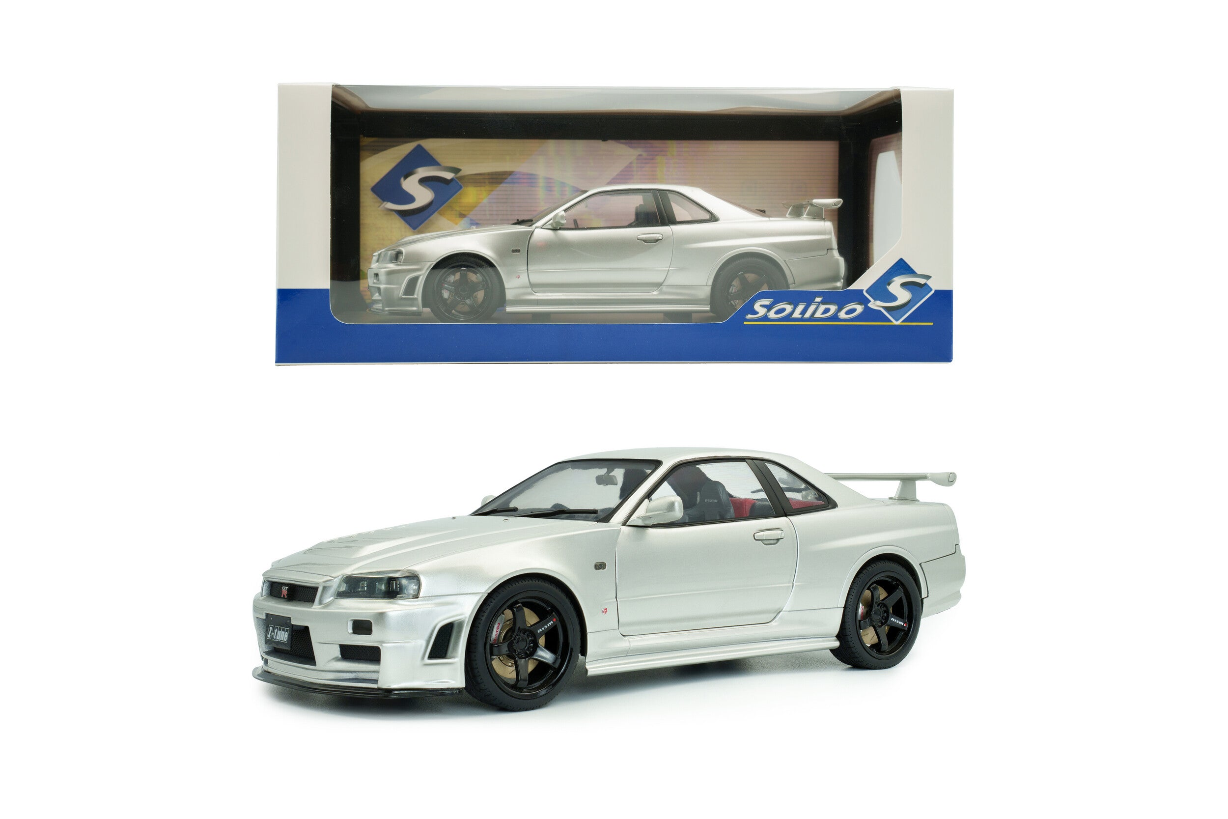 SOLIDO 1804312 MINIATURE NISSAN SKYLINE GT-R (BNR34) WITH NISMO PARTS SILVER 1999 1/18
