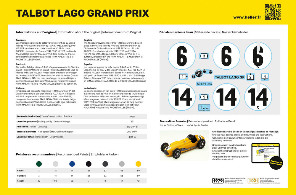 HELLER 80721 MAQUETTE TALBOT LAGO GRAND PRIX 1/24